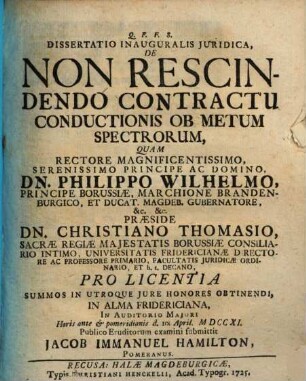 Diss. inaug. iur. de non rescindendo contractu conductionis ob metum spectrorum