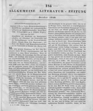 Schmitthenner, F.: Zwölf Bücher vom Staate, oder Systematische Encyklopädie der Staatswissenschaften. 2. Aufl. Bd. 1. Grundlinien der Geschichte der Staatswissenschaften, der Ethnologie, des Naturrechtes und der Nationalökonomie. Giessen: Heyer 1839