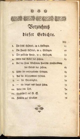 Verzeichniß dieser Gedichte.