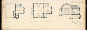 Bildhaueratelier Monatskonkurrenz Februar 1902: Grundriss Keller, Erdgeschoss, Querschnitt; Maßstabsleiste