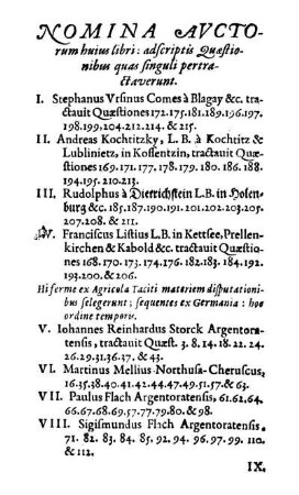 Nomina Avctorum huius libri: adscriptis Quæstionibus quas singuli pertractaverunt.