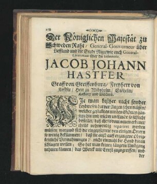 Der Königlichen Maiestät zu Schweden Rath ... Jacob Johann Hastfer ...