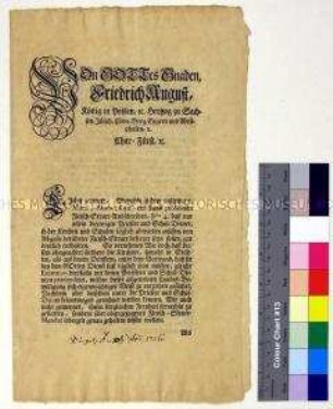 Mandat von Friedrich August I. Kurfürst von Sachsen betreffend die Befreiung von Fleischsteuerabgaben für bestimmte Berufsgruppen und die Festlegung der Fleischsteuer