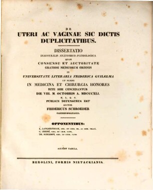De uteri ac vaginae sic dictis duplicitatibus : accedit tabula
