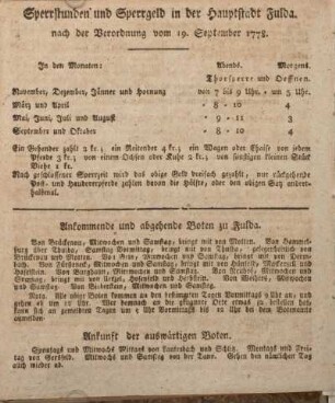 Sperrstunden und Sperrgeld in der Hauptstadt Fulda, nach der Verordnung vom 19. September 1778.