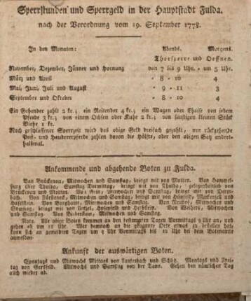 Sperrstunden und Sperrgeld in der Hauptstadt Fulda, nach der Verordnung vom 19. September 1778.