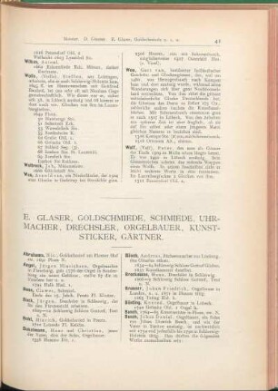 E. Glaser, Goldschmiede, Schmiede, Uhrmacher, Drechsler, Orgelbauer, Kunststicker, Gärtner.