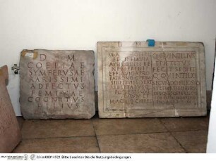 Antike Inschriften, Fragmente und Artefakte, Zwei Inschriften (N. 31 Kg 13.400) "D M COELIAE SYMFERVSAE ...", "DM M A ... SOTERIS / Q QVINTILIVS"