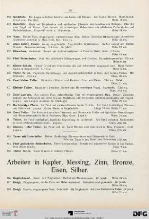 Arbeiten in Kupfer, Messing, Zinn, Bronze, Eisen, Silber (Nr. 316-353)