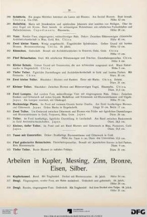 Arbeiten in Kupfer, Messing, Zinn, Bronze, Eisen, Silber (Nr. 316-353)