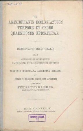 De Aristophanis Ecclesiazuson tempore et choro quaestiones epicriticae