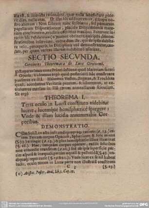 SECTIO SECUNDA. Continens Theoremata de Luce Geocosmi.
