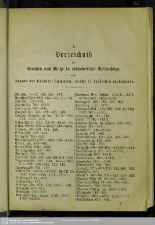 I. Verzeichniß der Straßen und Plätze in alphabetischer Reihenfolge