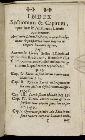 Index Sectionum & Capitum, quæ hac in Anatomia Lienis continentur.