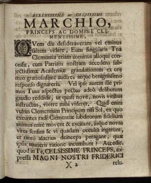 Serenissime ac Celsissime Marchio, Princeps Ac Domine Clementissime, ...