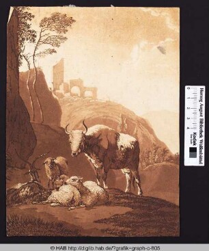Schafe, Ziegen und ein Rind in einer bergigen Landschaft mit Ruine