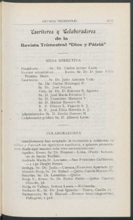 Escritores y Colaboradores de la Revista Trimestral "Dios y Patria"