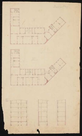 Mietshaus Leipziger Platz 16/17, Berlin: Grundriss Erd- und Obergeschosse, Schnitt Wohnhaus und Seitenflügel