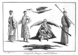 Sinesische Bürger und Soldaten : Weigel, Christoph (1654-1726). Sinesische Bürger und Soldaten. Aus: Inventions chinoises XIV, Blatt 4. Kupferstich, koloriert, 14,5 x 19,3 cm. Dresden: Kupferstich-Kabinett in Band 1156,2 (XIV)