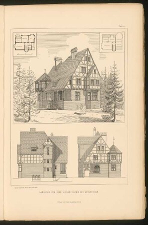 Landhaus für eine Villenkolonie, Berlin-Grunewald: Ansichten und Grundriss (aus: Stadt- und Landhäuser, hrsg. von Ernst Wasmuth, Berlin 1894)