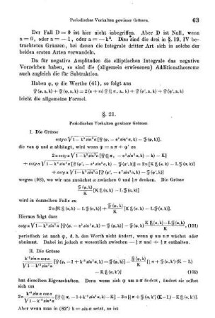 § 21. - 31. Periodisches Verhalten gewisser Grössen. Reduktion des allgemeinen irrationalen Integrals. Berechnung des Mantels des schiefen Kreieskegels. Schlussbemerkungen.