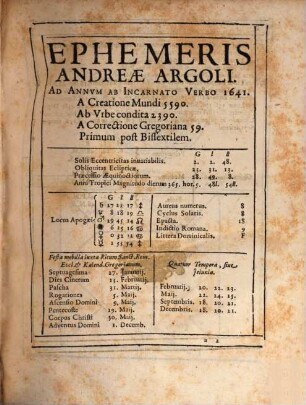 Andreae Argoli, Sereniss. Annvente Senatv D. Marci Equitis ... Ephemerides : Exactissimae Caelestivm Motvvm ad Longitudinem Almae Vrbis, Et Tychonis Brahe Hypoteses, ad deductas e Coelo accurate obseruationes. Ab Anno M.DC.XLI. ad Annum M.DCC. ..., 2. Ab anno M.DC.XLI. ad Annum M.DC.LXX.