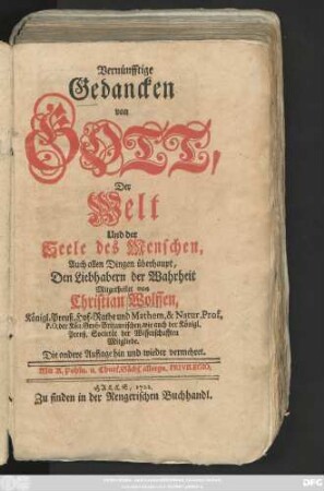 Vernünfftige Gedancken von Gott, Der Welt Und der Seele des Menschen, Auch allen Dingen überhaupt