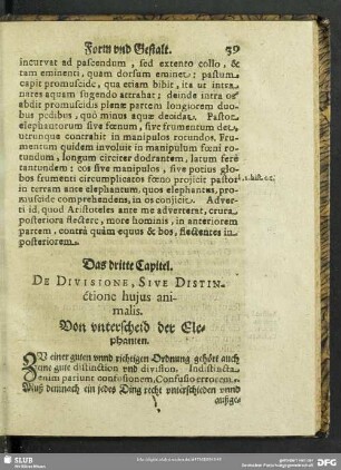 Das dritte Capitel. De Divisione, Sive Distinctione huius animalis. Von unterscheid der Elephanten