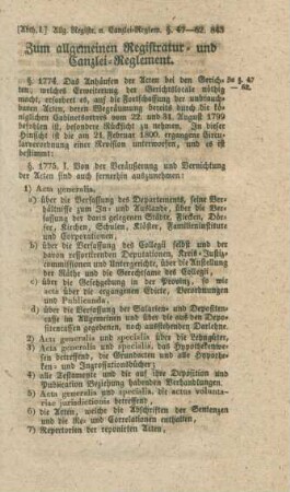 Zum allgemeinen Registratur- und Canzlei-Reglement