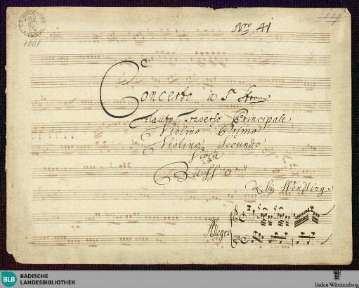 Concertos - Mus. Hs. 1001 : fl, vl (2), vla, b; C; GroF 685