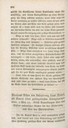 294-308 Abrahams Vision von Aufopferung seines Sohns, als Beweis seiner gottergebensten Ueberzeugungstreue 1 Mos. 22 : nebst Bemerkungen über das Opfern männlicher Kinder bei den Phöniciern und über den Molochscultus
