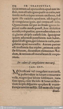 De calore et congelatione mercurij. Cap. XXV.