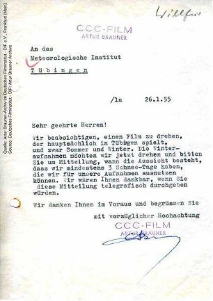 Brief von CCC an Meteorologisches Institut Tübingen, 26.01.1955