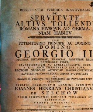 Dissertatio ivridica inavgvralis de servitvte altivs tollendi Romana eivsque ad Germaniam habitv