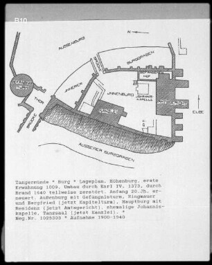 Tangermünde, Burg, Lageplan Höhenburg, Außenburg mit Gefängnisturm, Ringmauer und Bergfried, Hauptburg mit Residenz, ehem. Johanniskapelle und Tanzsaal