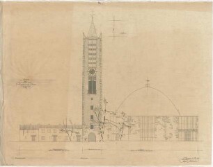 Gsaenger, Gustav; Kassel (Hessen); Kreuzkirche, Wiederaufbau - Tektur zum Eingabeplan, Nordseite (Ansicht)