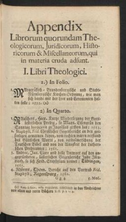 Appendix Librorum quorundam Theologicorum, Iuridicorum, Historicorum & Miscellaneorum, qui in materia cruda adsunt
