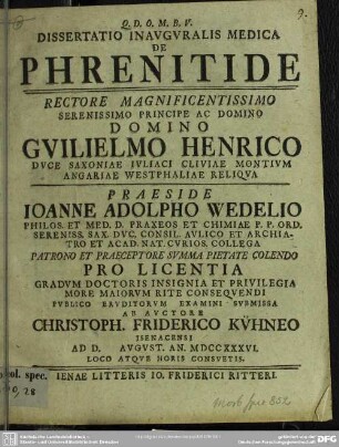 Dissertatio Inauguralis Medica De Phrenitide