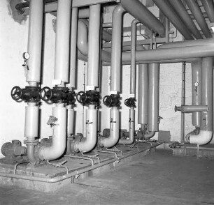 Roßwein. VEB Terra-Schuhfabrik. Einweihung der neuen Heizanlage. Heizkeller (Teilansicht). Heizungsrohre