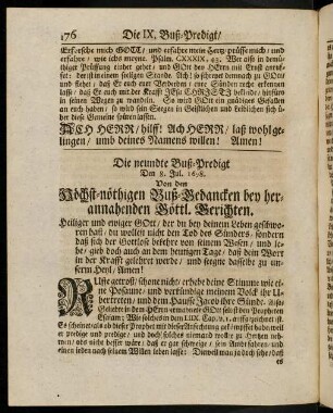 176-205, Die neundte Buß-Predigt den 8. Jul. 1698. Von den Höchst-nöthigen Buß-Gedancken bey herannahenden Göttl. Gerichten