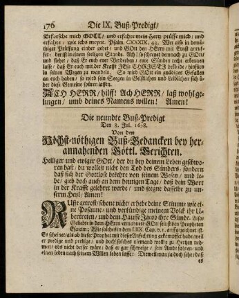 176-205, Die neundte Buß-Predigt den 8. Jul. 1698. Von den Höchst-nöthigen Buß-Gedancken bey herannahenden Göttl. Gerichten