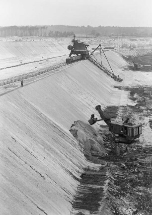 Braunkohlentagebau : Schipkau. Tagebau "Frohe Zukunft". Abraum mit Bagger 587 und Löffelbagger 805