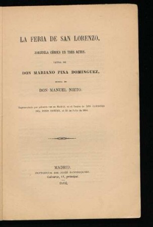 La feria de San Lorenzo : zarzuela cómica en tres actos