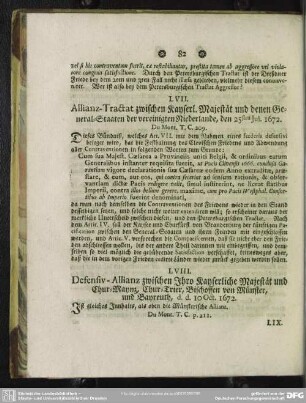 LVIII. Defensiv-Allianz zwischen Ihro Kayserlichen Majestät und Chur-Maynz, Chur-Trier, Bischoffen von Münster, und Bayreuth, d. d. 10 Oct. 1672