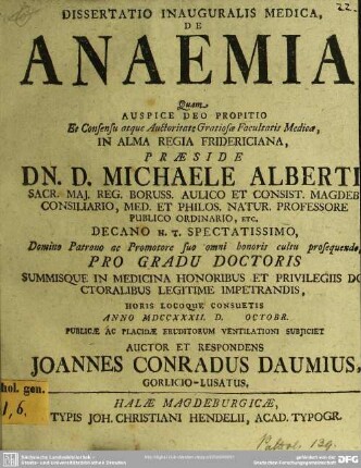 Dissertatio Inauguralis Medica, De Anaemia