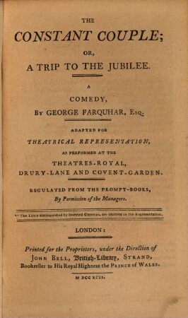 The constant couple, or a trip to the jubilee : a comedy
