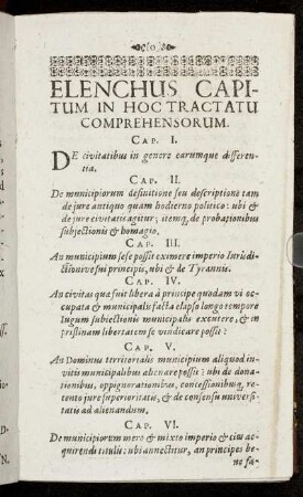 Elenchus Capitum In Hoc Tractatu Comprehensorum.