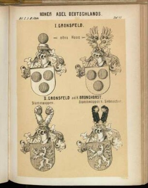 Taf. 15. I. Gronsfeld. altes Haus - altes Haus. II. Gronsfeld a.d.H. Bronchorst. Stammwappen. - Stammwappen n. Siebmacher.