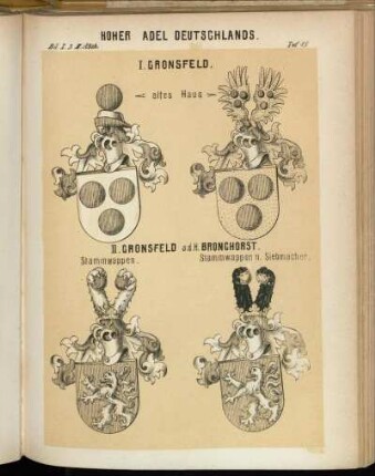 Taf. 15. I. Gronsfeld. altes Haus - altes Haus. II. Gronsfeld a.d.H. Bronchorst. Stammwappen. - Stammwappen n. Siebmacher.