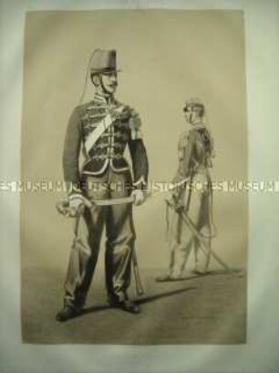 Uniformdarstellung, Gemeiner und Offizier der Remontierung-Kompanie, Frankreich, 1859. Tafel 39 im Buch: Armand-Dumaresq: Uniformes de l'Armée Française.